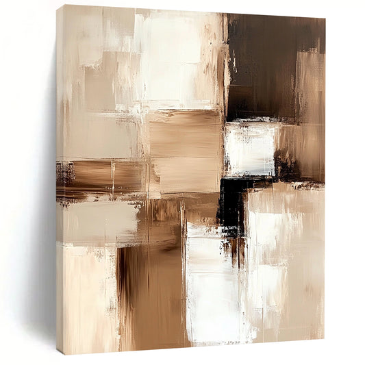 Large contemporary abstract painting featuring beige and white blocks with soft edges and delicate brushstrokes on a textured canvas in neutral tones. DLZ1024