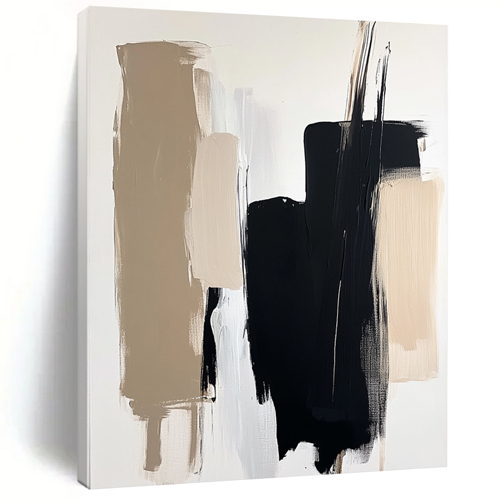 Contemporary abstract painting with minimalist composition showcasing black and beige brushstrokes on a white background featuring a blurred figure in soft lighting. DLZ0713