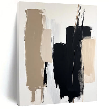 Contemporary abstract painting with minimalist composition showcasing black and beige brushstrokes on a white background featuring a blurred figure in soft lighting. DLZ0713