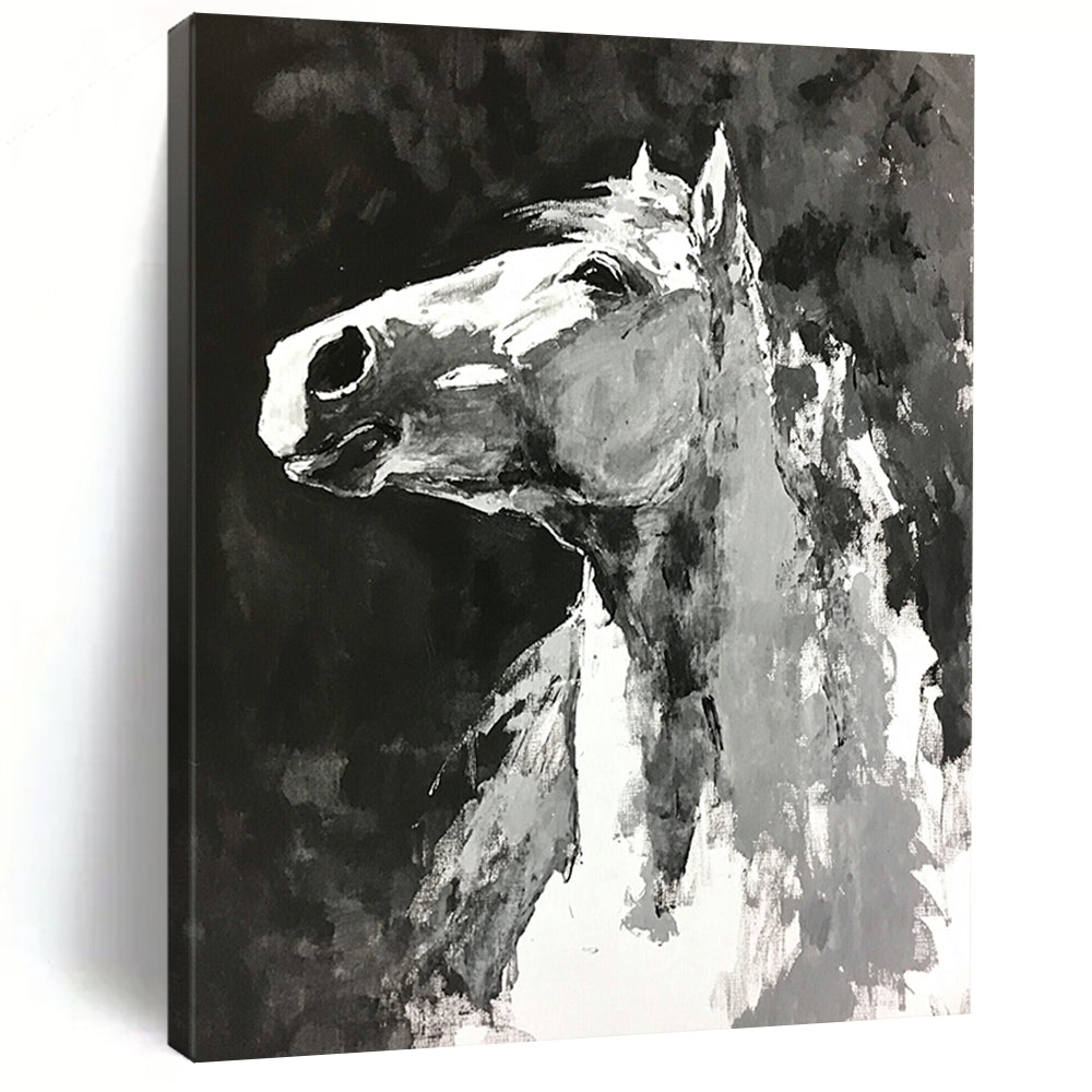 Contemporary abstract painting featuring a horse with monochromatic loose brushwork on a black background creating an expressive minimalistic atmosphere. DLZ0602