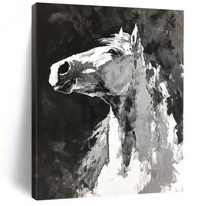 Contemporary abstract painting featuring a horse with monochromatic loose brushwork on a black background creating an expressive minimalistic atmosphere. DLZ0602