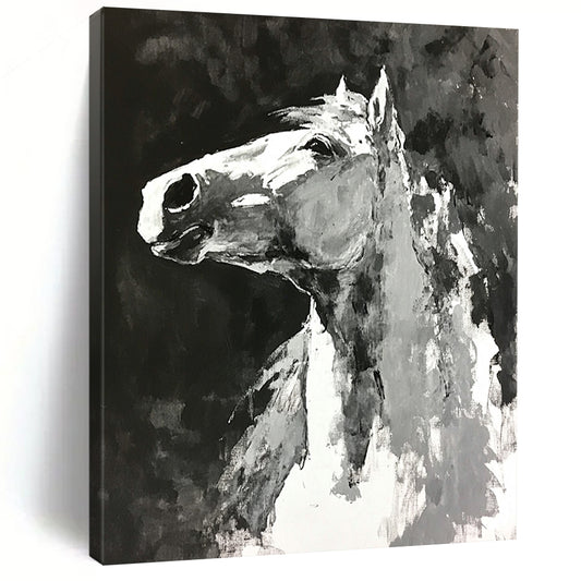 Contemporary abstract painting featuring a horse with monochromatic loose brushwork on a black background creating an expressive minimalistic atmosphere. DLZ0602
