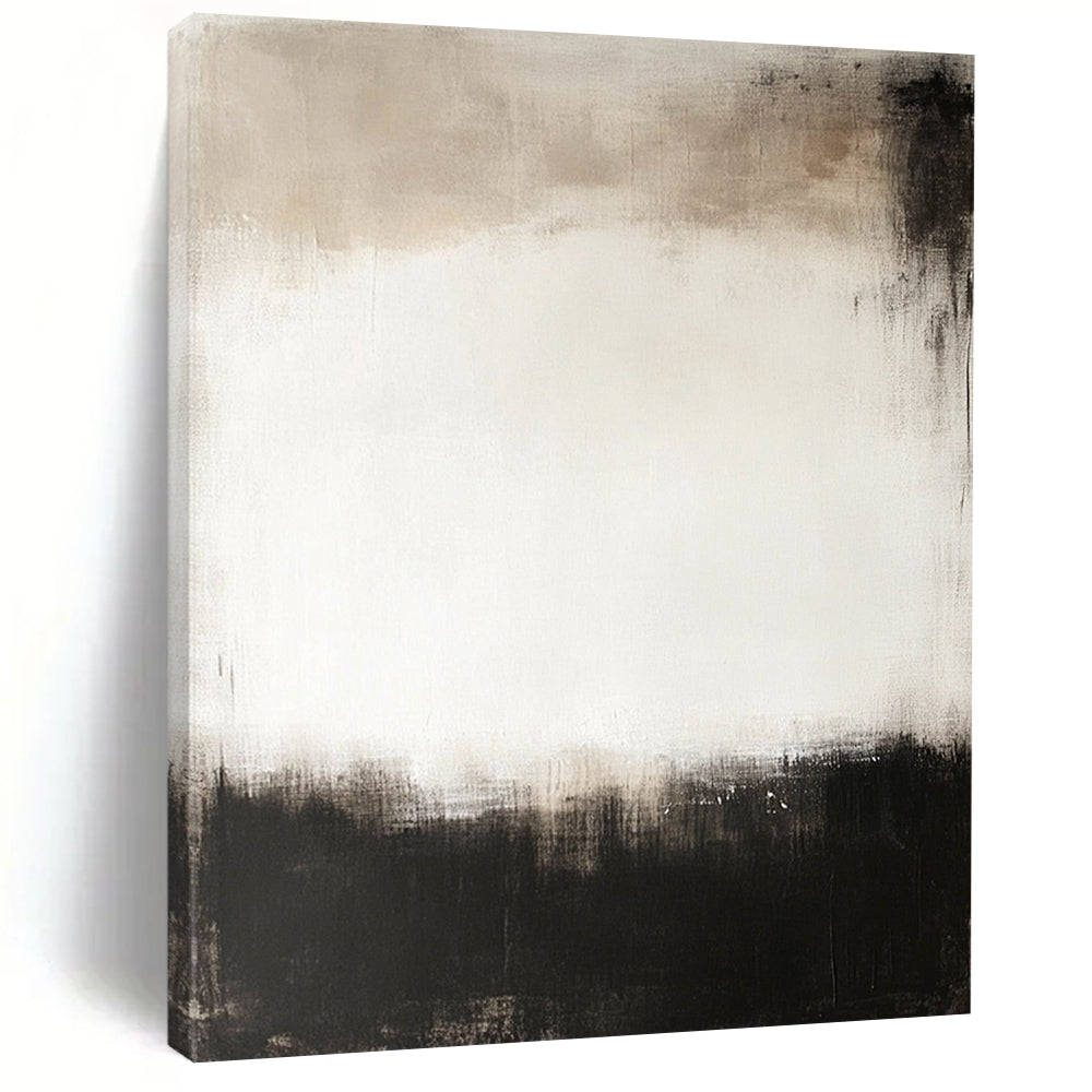 Contemporary abstract painting featuring a large central white space surrounded by dark gray and black tones creating a calm and mysterious atmosphere. DLZ0548
