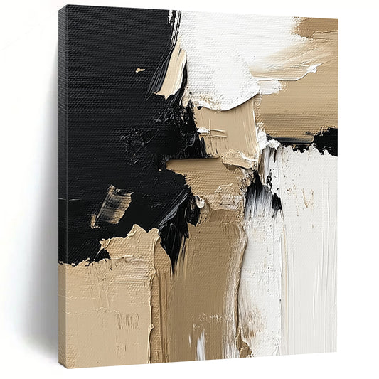 Contemporary hand-painted abstract artwork featuring a striking blend of black, white, and beige textures perfect for enhancing wall aesthetics. DLZ0321