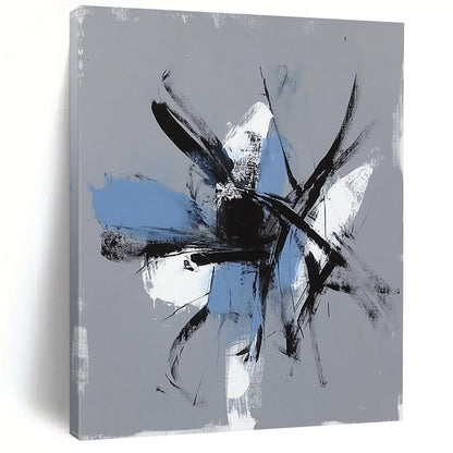Contemporary hand-painted abstract art featuring expressive brush strokes and chaotic figures on a gray background with light blue accents. DLZ0305