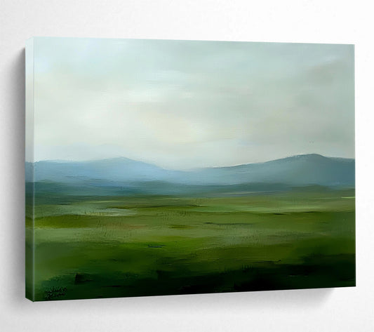 “Soft Green Landscape” - Green, Blue, Gray, Hazy Fields and Mountains - Minimalist Oil Painting HB1701