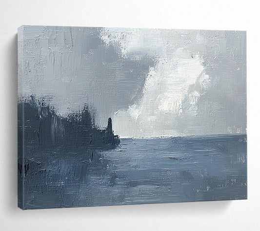 “Coastal Mist” - Muted grays, whites, deep blues; Stormy sky, sea, dark coastline; Atmospheric Seascape Painting On Canvas HB1148