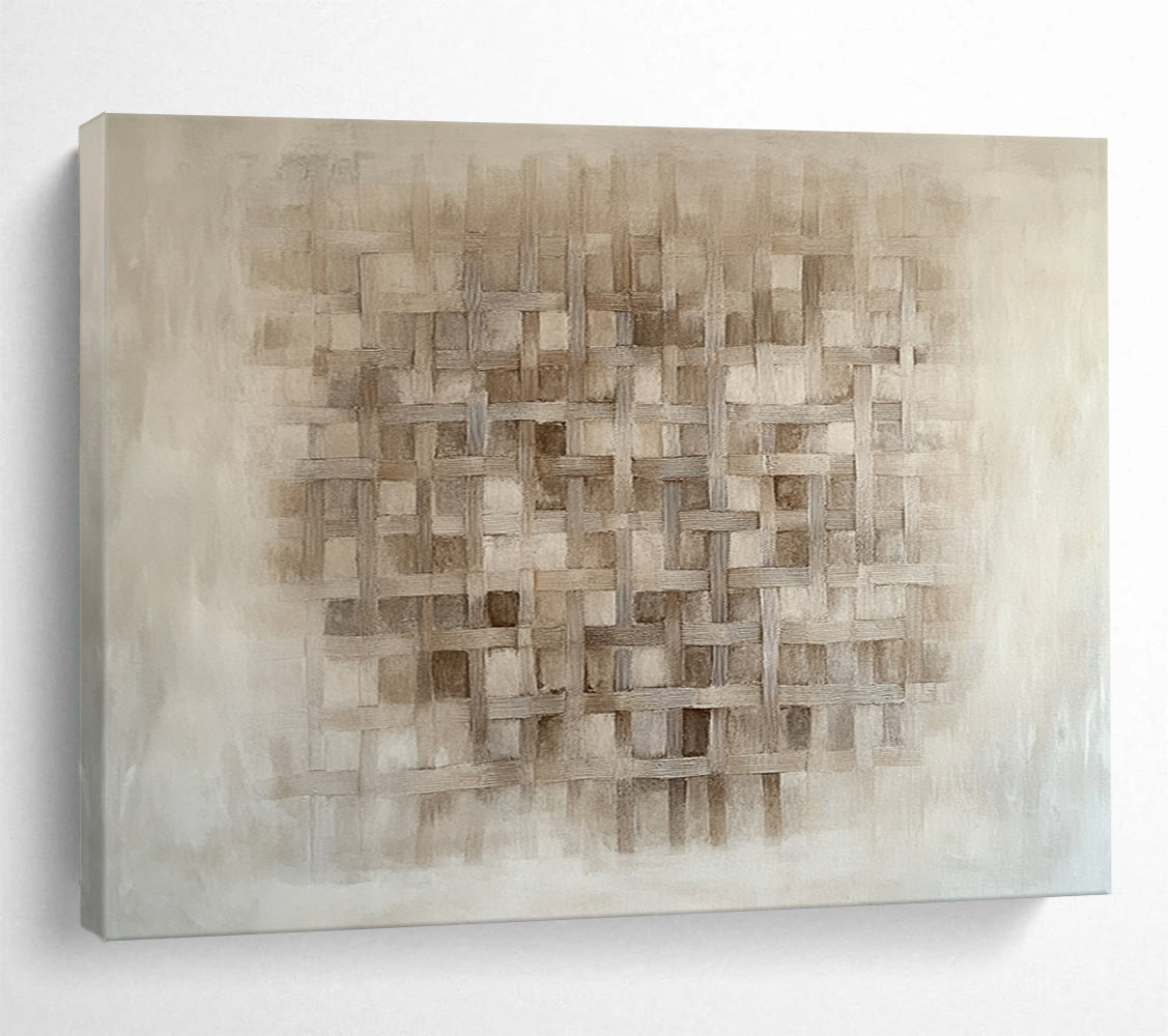 Beige Woven Grid Pattern - “Textured Tapestry” Painting On Canvas HB1446