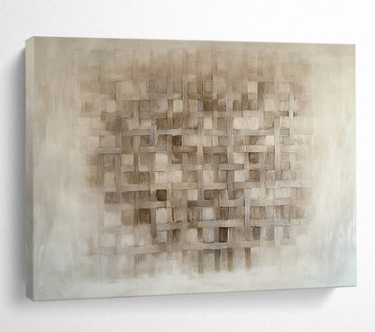 Beige Woven Grid Pattern - “Textured Tapestry” Painting On Canvas HB1446