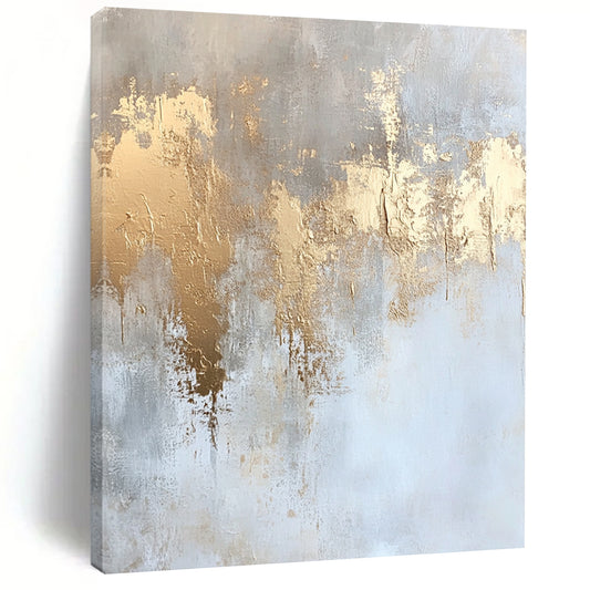 Contemporary hand-painted abstract art featuring textured white and gold accents in soft neutral tones of beige and light gray. DLZ0816