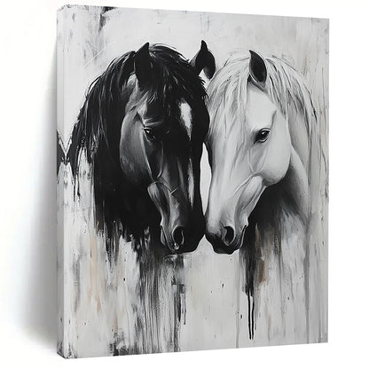 Contemporary abstract art captures two horses in a tender gaze, their connection conveyed through soft brushstrokes and intricate textures, emphasizing emotional bonds. DLZ1146