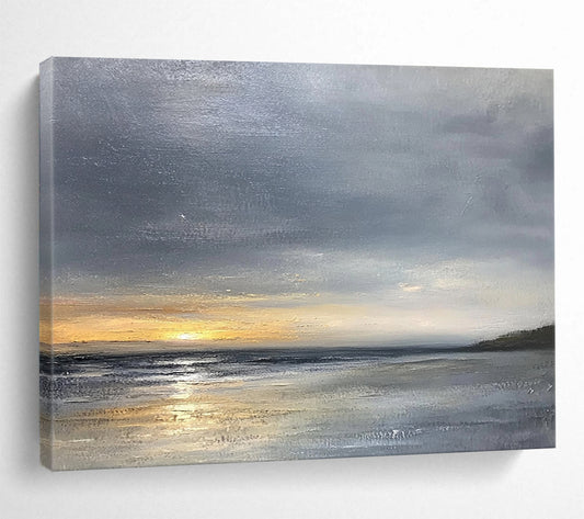 “Moody Seaside Sunset” - Grays, Oranges, Silvers, Coastal Sunset - Minimalist Oil Painting HB1689