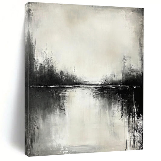 Contemporary abstract painting in black and white with serene water reflections and neutral tones, crafted using oil paint for a tranquil atmosphere. DLZ0399