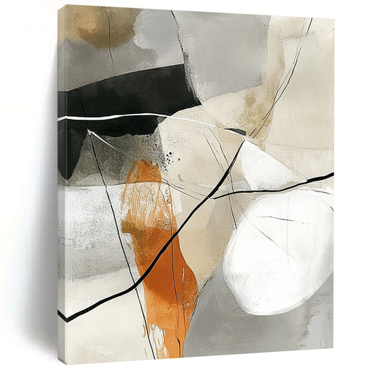 Large contemporary hand-painted abstract artwork featuring white lines and black ink on a grey background with neutral tones of beige olive green rust orange and warm gray-brown. DLZ0265