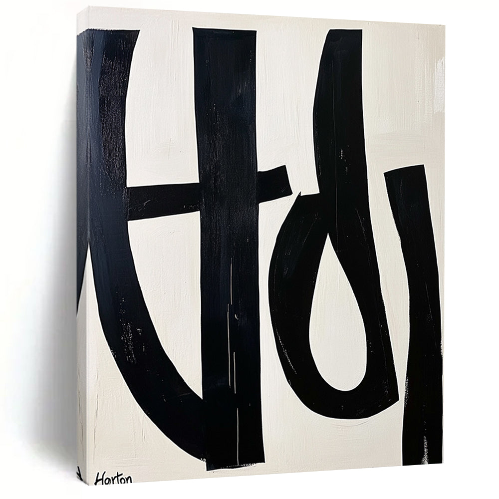 Contemporary abstract art featuring bold black and white letters forming "Horton" on a light cream background with minimalist design and clean geometric shapes. DLZ0749