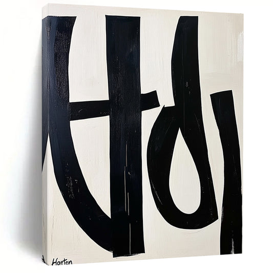 Contemporary abstract art featuring bold black and white letters forming "Horton" on a light cream background with minimalist design and clean geometric shapes. DLZ0749