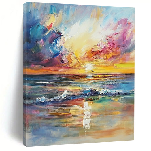 Contemporary hand-painted abstract artwork with impressionist style depicting a dreamy sunset over the sea, perfect for enhancing living room aesthetics. DLZ1125