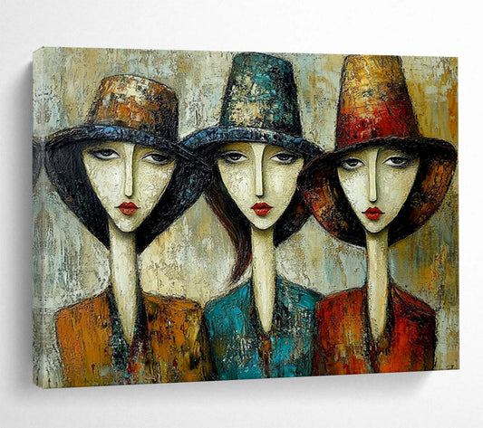 “Women in Hats” - Earthy Tones, Reds, Blues, Stylized Portraits of Women in Hats - Textured Oil Painting HB1760