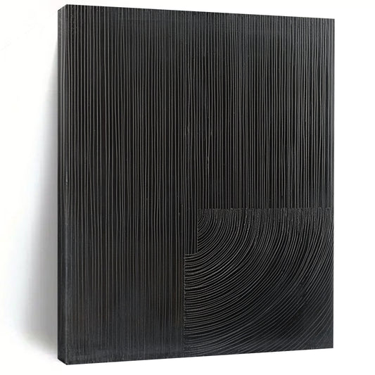 Contemporary abstract painting features half black with fine grooves and half gray abstract shape for a striking visual contrast. DLZ1553