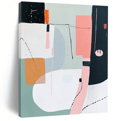Contemporary hand-painted abstract art featuring shapes and lines in pink white grey green orange and black with a figure wearing headphones. DLZ0995