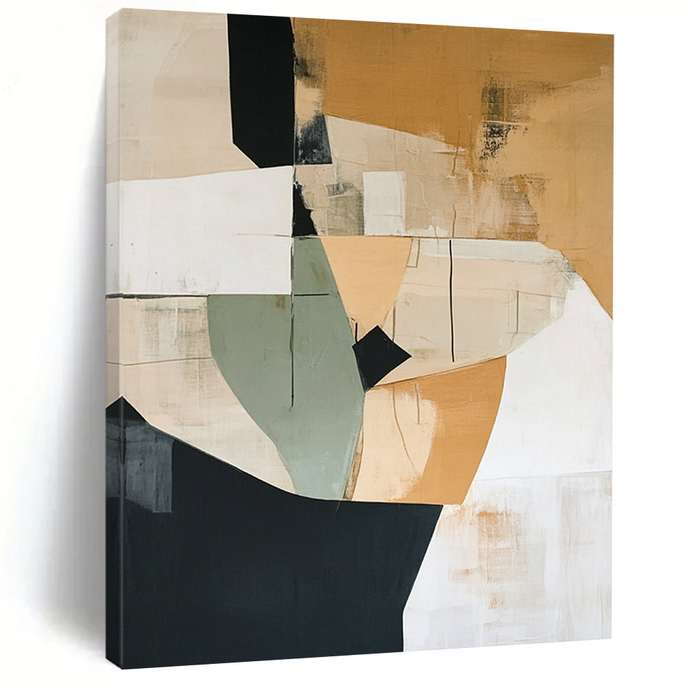 Contemporary abstract artwork featuring minimalist shapes in beige with green and black accents and generous white space invites harmony and balance into any space. DLZ0876