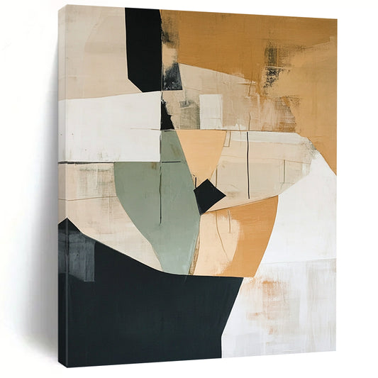 Contemporary abstract artwork featuring minimalist shapes in beige with green and black accents and generous white space invites harmony and balance into any space. DLZ0876