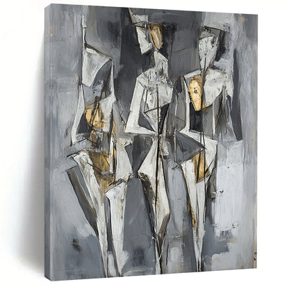 Gray, White, Black and Gold Cubist Figures "Ethereal Forms" Painting On Canvas HB375