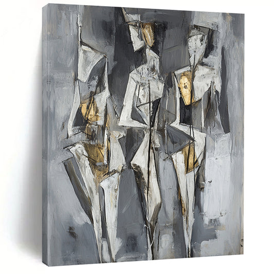 Gray, White, Black and Gold Cubist Figures "Ethereal Forms" Painting On Canvas HB375