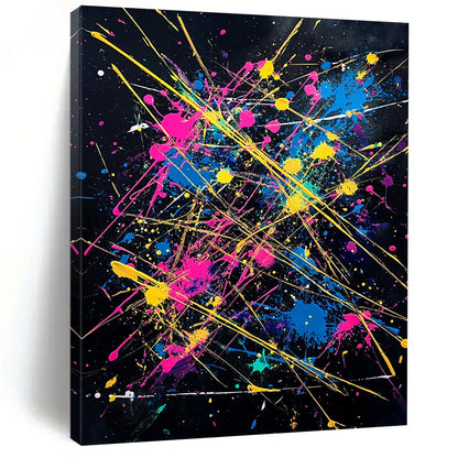 Black, Colorful Splashes, Yellow Lines "Fiesta Explosion" Abstract Painting On Canvas HB029