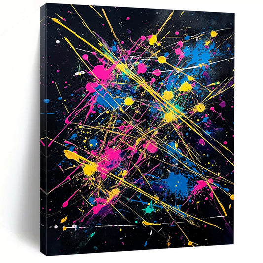 Black, Colorful Splashes, Yellow Lines "Fiesta Explosion" Abstract Painting On Canvas HB029