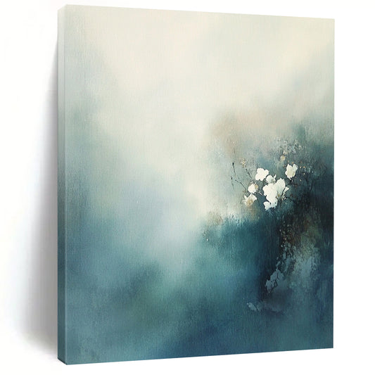 Contemporary hand-painted abstract art features misty clouds and delicate white flowers in blue-green tones, evoking mystery and tranquility with soft textures. DLZ0558