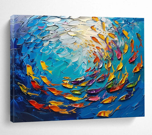 Textured Ocean Fish School - Coastal Living Room or Bathroom Art DLZ199
