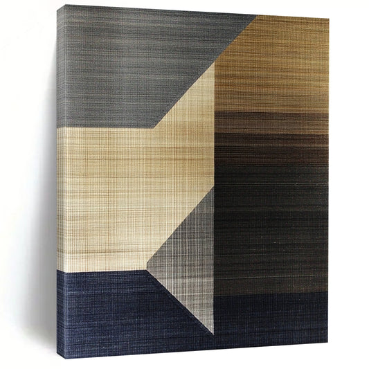 Contemporary abstract artwork with geometric shapes in earthy tones featuring soft browns and greys contrasted with dark navy and delicate line-drawn squares. DLZ1453