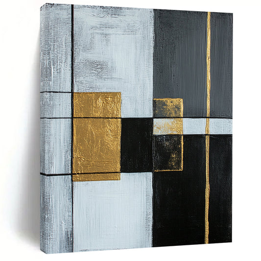 Gray, White, Gold, Black, Geometric Squares "Gilded Intersection" Abstract Modernist Painting On Canvas HB149