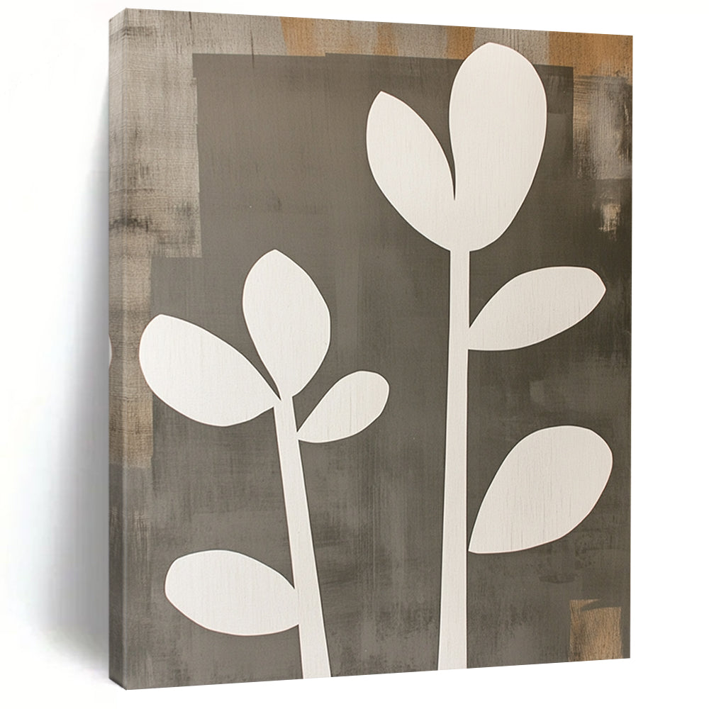 Contemporary abstract artwork featuring gray and white shapes with wooden cut-out flowers offers a striking visual statement for any space. DLZ0792
