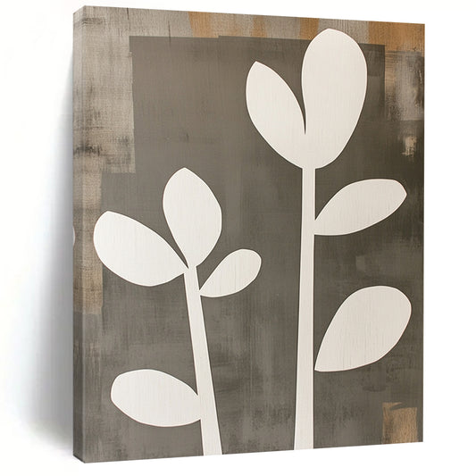 Contemporary abstract artwork featuring gray and white shapes with wooden cut-out flowers offers a striking visual statement for any space. DLZ0792