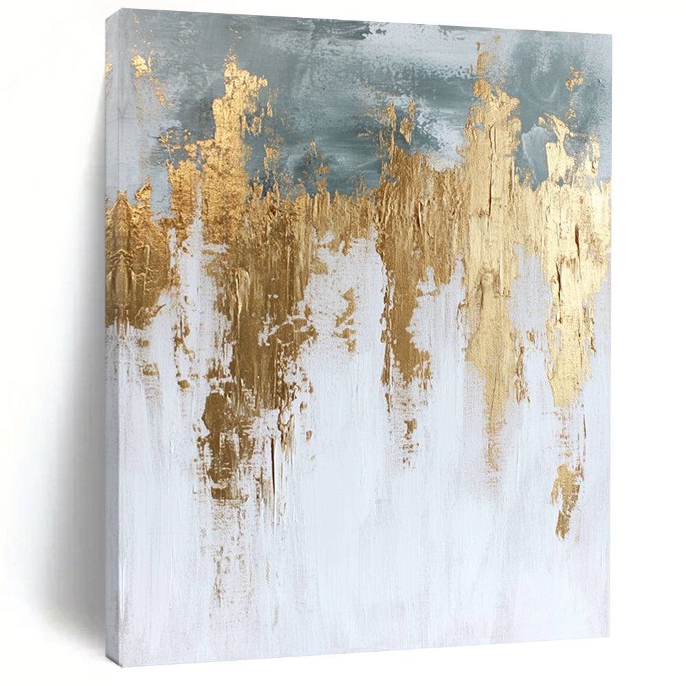Contemporary hand-painted abstract artwork in white and gold featuring textured paint surface and elegant gold foil accents. DLZ0686