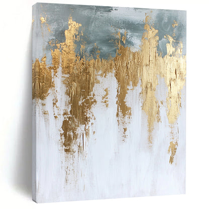 Contemporary hand-painted abstract artwork in white and gold featuring textured paint surface and elegant gold foil accents. DLZ0686