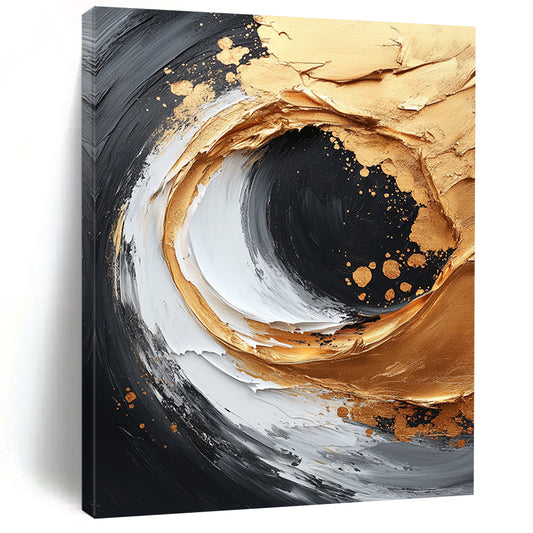 Contemporary abstract painting featuring gold and white brushstrokes on a black canvas with dynamic composition and textured accents in high resolution. DLZ0739