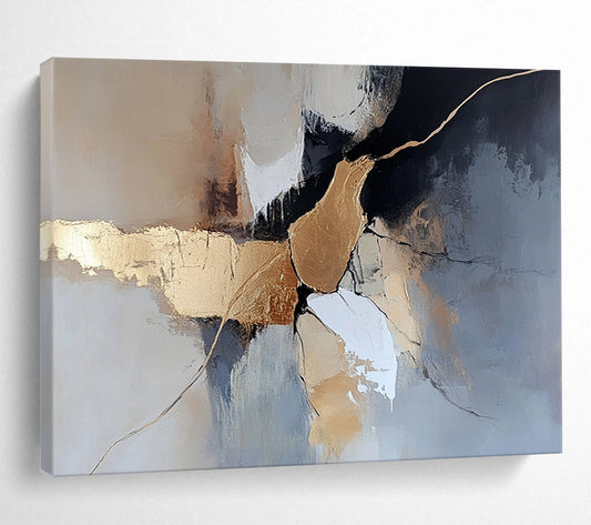 “Gold - Accented Abstract Forms” - Gold, Gray, White, Abstract Forms Painting On Canvas HB0995