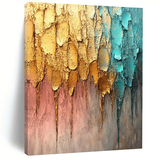 Contemporary abstract painting featuring textured brush strokes in gold silver and teal against a muted gray background with dynamic raindrop-like lines. DLZ1193