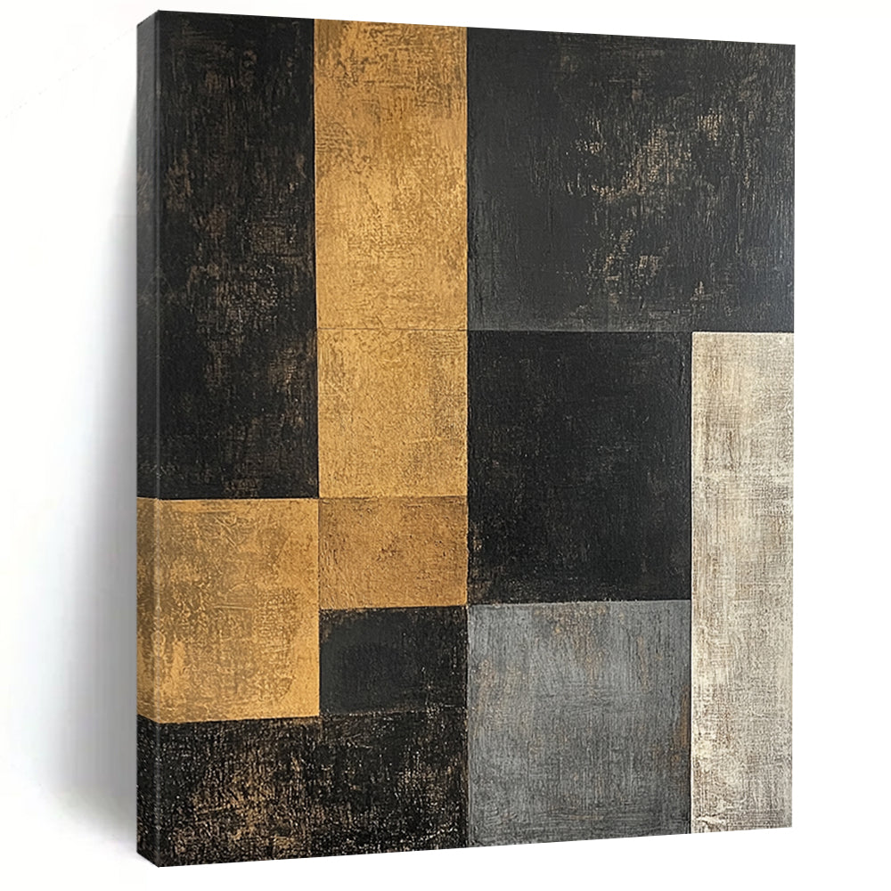 Black, Gold, Gray with Interlocking Squares "Modern Mosaic" Abstract Painting On Canvas HB003