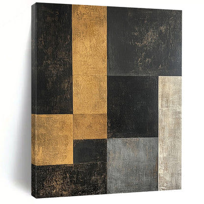 Black, Gold, Gray with Interlocking Squares "Modern Mosaic" Abstract Painting On Canvas HB003