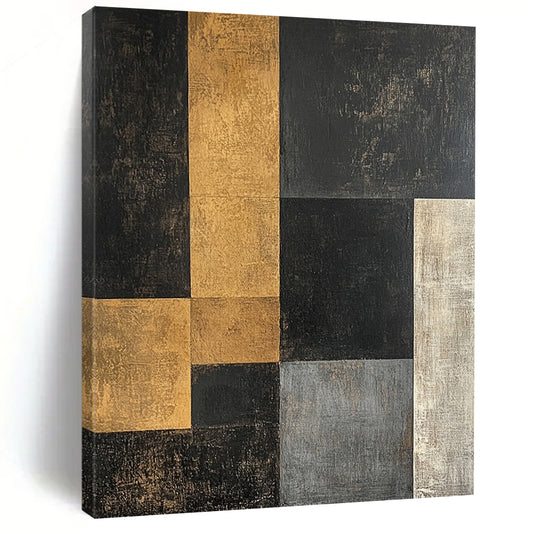 Black, Gold, Gray with Interlocking Squares "Modern Mosaic" Abstract Painting On Canvas HB003