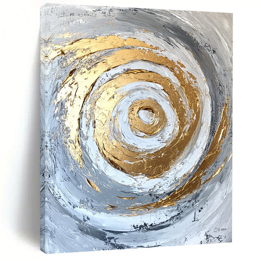 Contemporary abstract artwork features gold accents on a textured white and grey background with bold brush strokes and palette knife techniques. DLZ0808