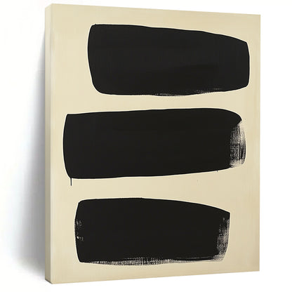 Contemporary abstract painting featuring five overlapping black shapes on a cream background inspired by Adolphus Reiffel's minimalistic style. DLZ1414