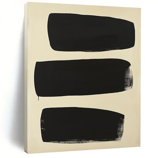 Contemporary abstract painting featuring five overlapping black shapes on a cream background inspired by Adolphus Reiffel's minimalistic style. DLZ1414