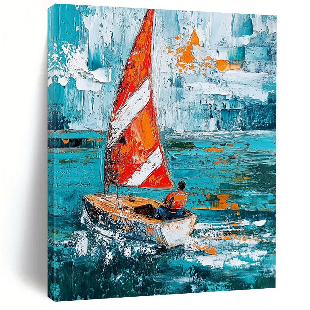 Contemporary hand-painted abstract art showcasing a sailboat with striped sails navigating turquoise waves, featuring expressive brush strokes and textured impasto techniques. DLZ1697