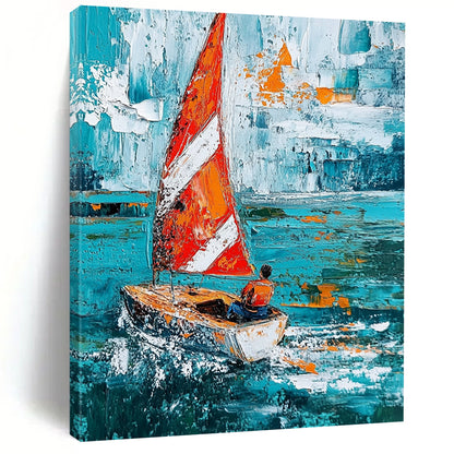 Contemporary hand-painted abstract art showcasing a sailboat with striped sails navigating turquoise waves, featuring expressive brush strokes and textured impasto techniques. DLZ1697