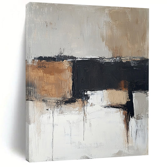 Contemporary hand-painted abstract art in soft neutral tones of beige and gray with brown accents creates an atmospheric and soothing ambiance. DLZ0497